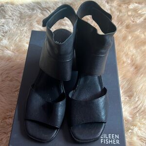 Eileen Fisher Arts Cuff Ankle Heel Sandals Leather Black 3" Heel